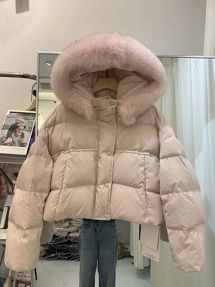 New Real Fox Fur Coat Hooded Fashion Winter White Duick Down Jacket Women Short Warm Simple Female Puffer Jacket Women