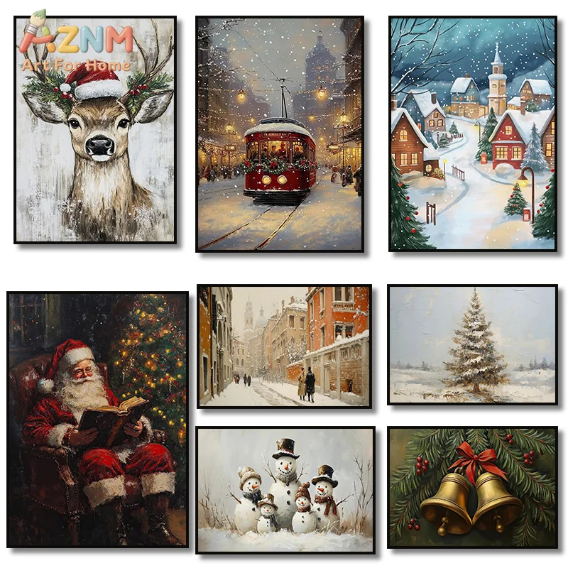 Cabin Snowy Night Snowy Village Winter Scene Christmas Tree Town Deer Poster Canvas Painting Print Wall Art Picture Home Deco