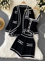 SINGREINY Autumn Knitwear 3PC Sets Long Sleeves Cardigan+Single Breasted Spaghetti Strap+High Waist Elastic Shorts Casual Suits - Image 2