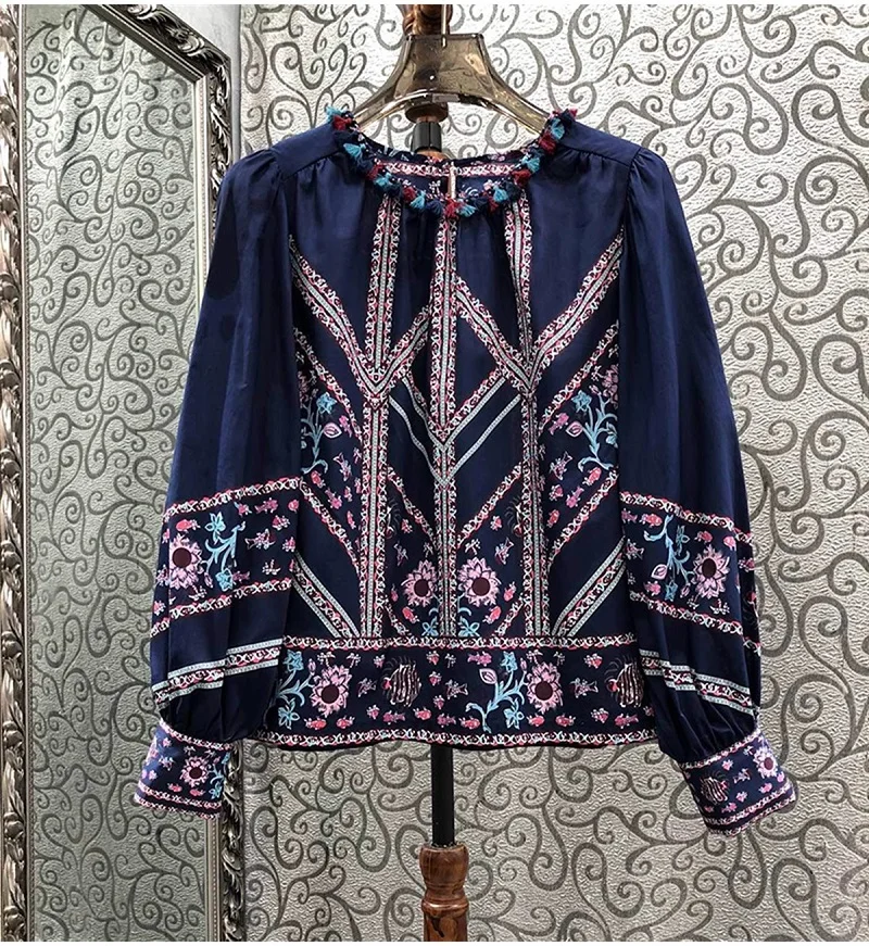 

100%Cotton Blouse 2024 Autumn Tops Luxury Clothes Ladies Colorful Floral Print Tassel Deco Long Sleeve Dark Blue Tops Female