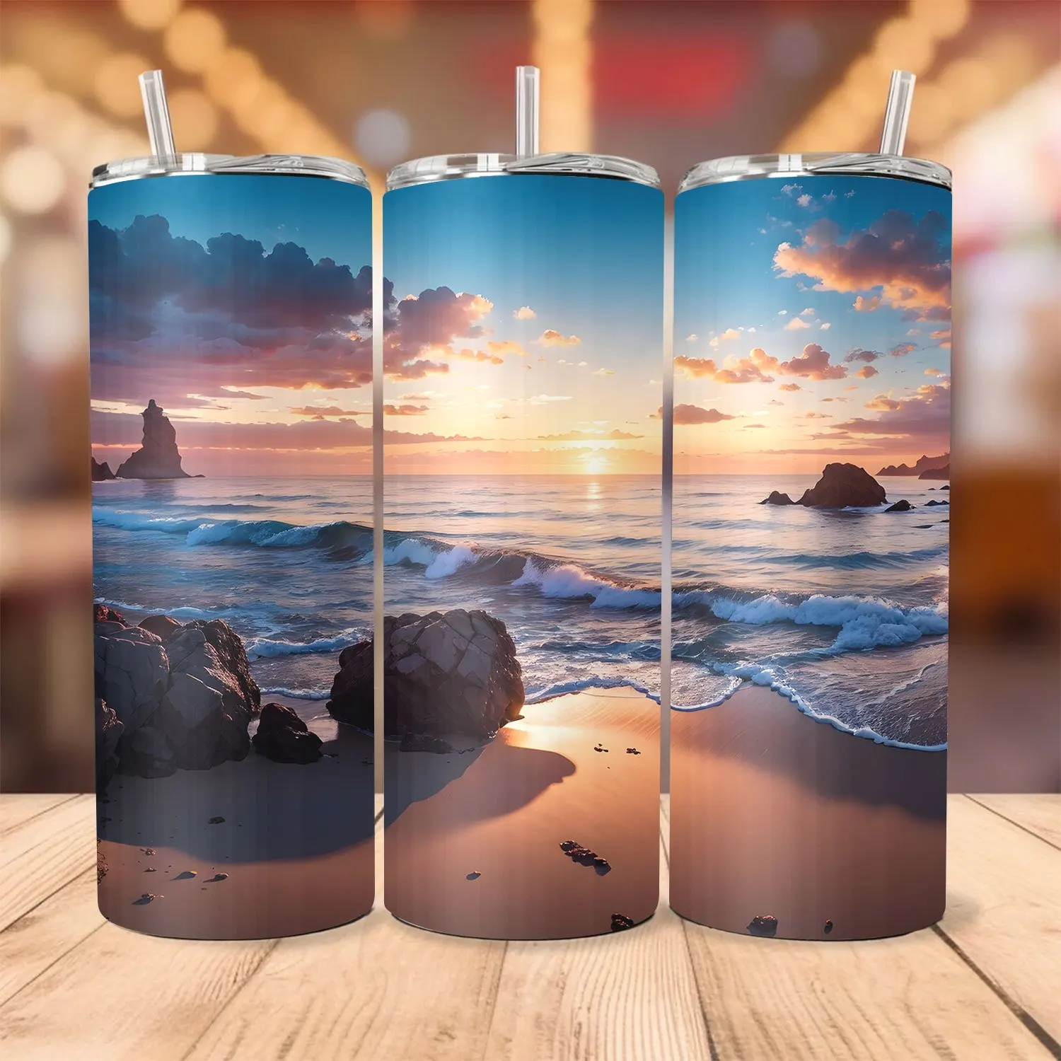 1pc 20oz Stainless Steel Tumbler, Vacuum Insulated Cup with Lid and Straw, Double-Walled, Handwash Only, Round, No PVC, Ideal for Home, Travel, Outdoor, Summer, Winter - Beach Sunset Design