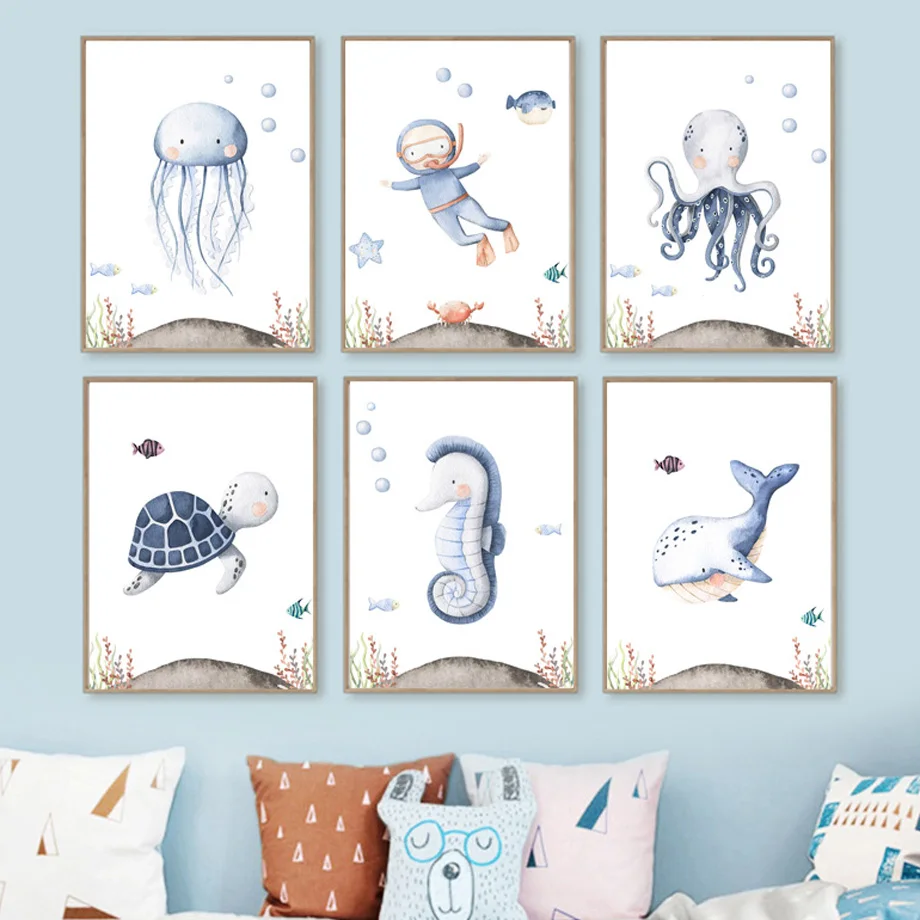 Turtle jellyfish whale octopus Nursery Wall Art Canvas Painting Under The Sea Life Posters Wall Pictures Baby Kids Room Decor