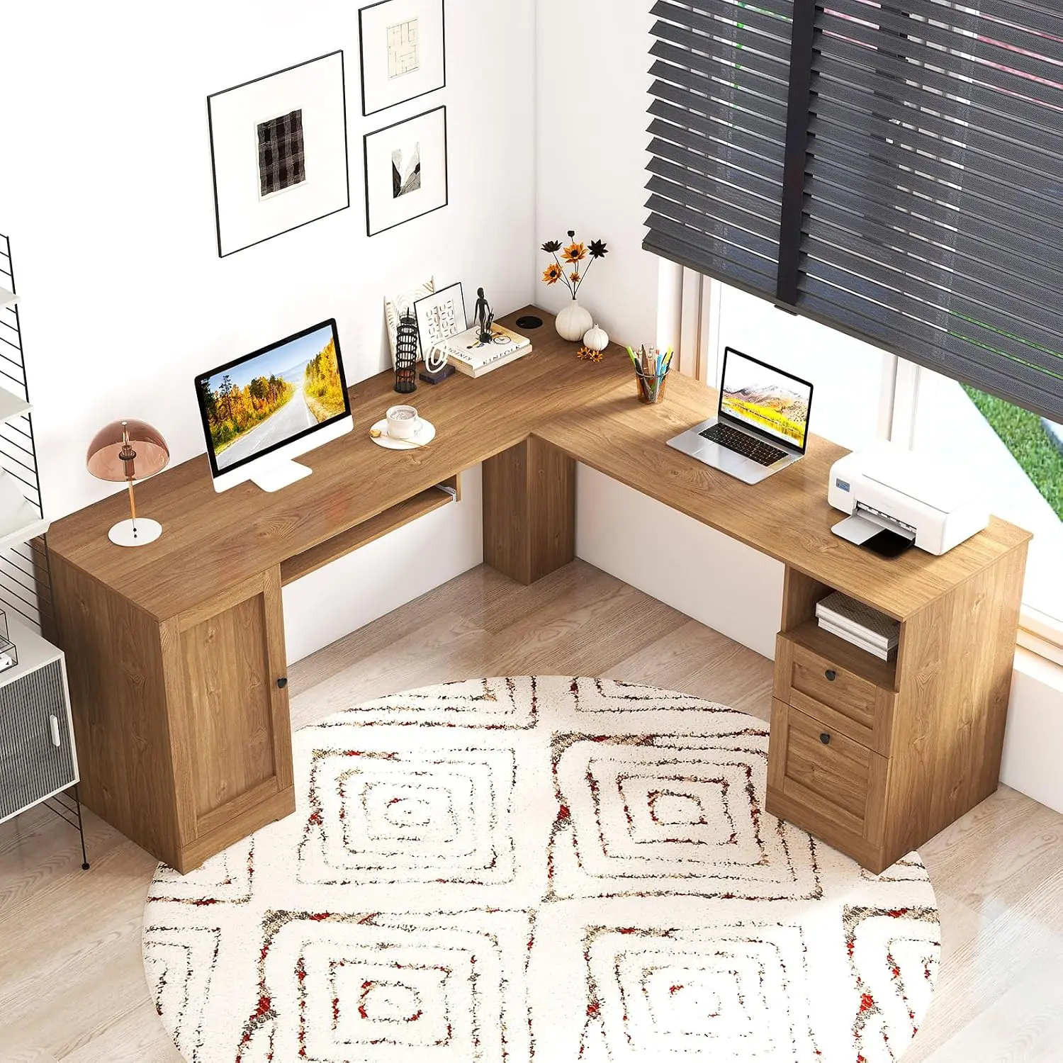 L-Shaped Computer Desk With Drawers, Charging Station, Keyboard Tray, Adjustable Shelf, Cabinet, Corner Office Desk, Customized