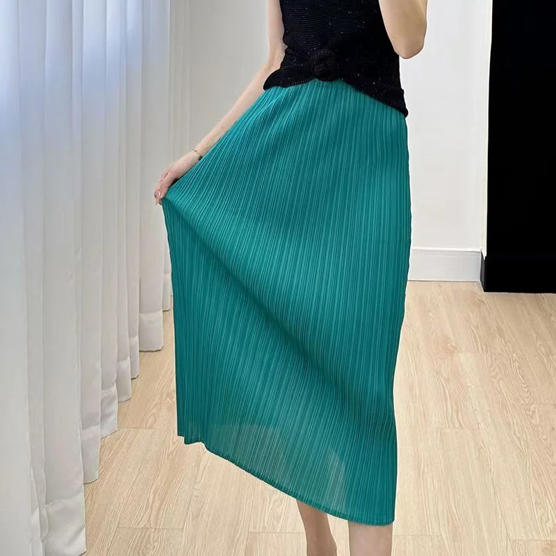 

Women's High Waist Pleated Skirt, Female Midi Skirt, Monochromatic, Calf Length, Casual, Summer, New Fashion