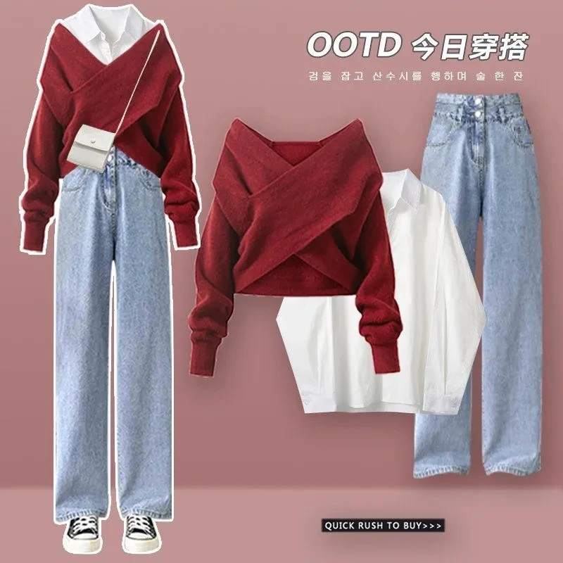 Autumn and Winter Fashion Age Reducing Women\'s Set 2023 New Korean Knitted Sweater Casual Shirt Slim Jeans Three Piece Set