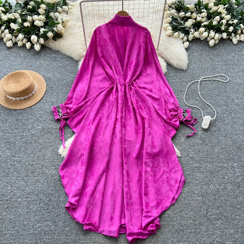 Chic vintage satin long sleeve asymmetrical Elegant Fairy korean fashion Boho Sundress women clothing Long dress