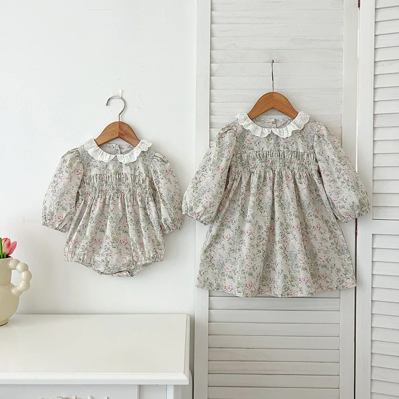 ‌2025 Autumn New Baby Girls Lace Collar Ruffle Dress Floral Long Sleeve Infant Romper Matching Sister Princess Outfits