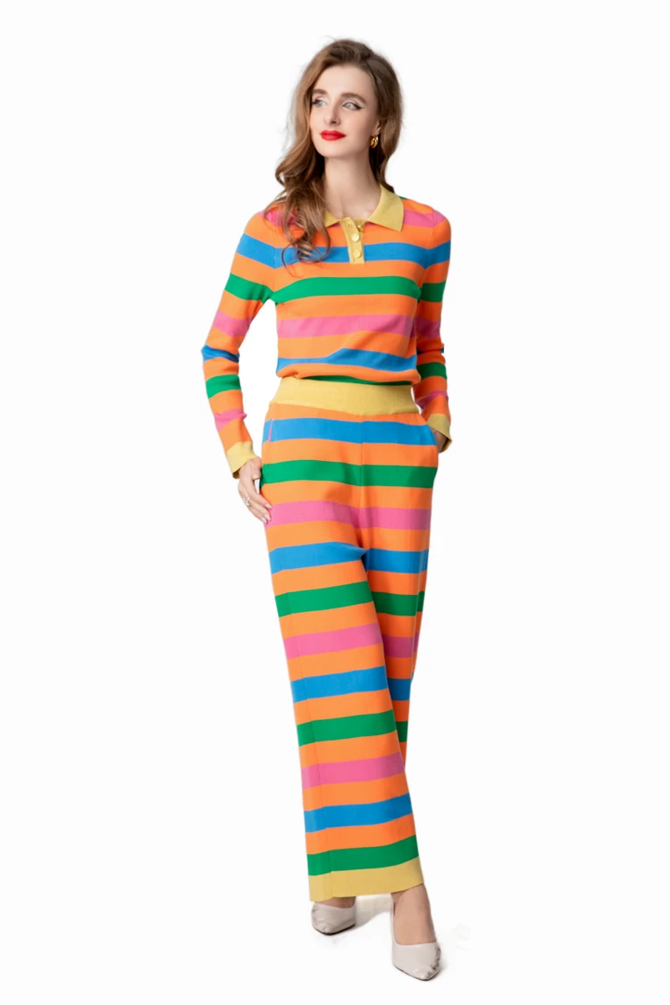 Women's Two-Piece Set Multicolor Striped Polo Collar Long Sleeve Knit Top and Wide-Leg Pants ,Casual Everyday Wear