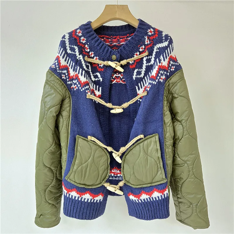 ANJY Autumn Winter New Women Fashion Lazy Style Knitted Patchwork Color-Block Padded Coat Trendy Street Versatile Jackets A18229