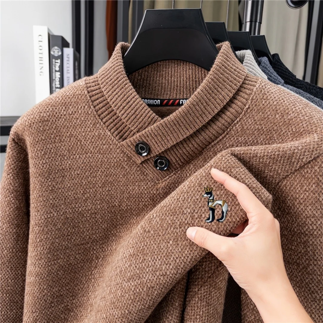 

New Fashion Brand Men's Knit Sweater Scarf Collar Dog Embroidery Pullover Winter Velvet Thickened Simple Casual Warm Men's Wear