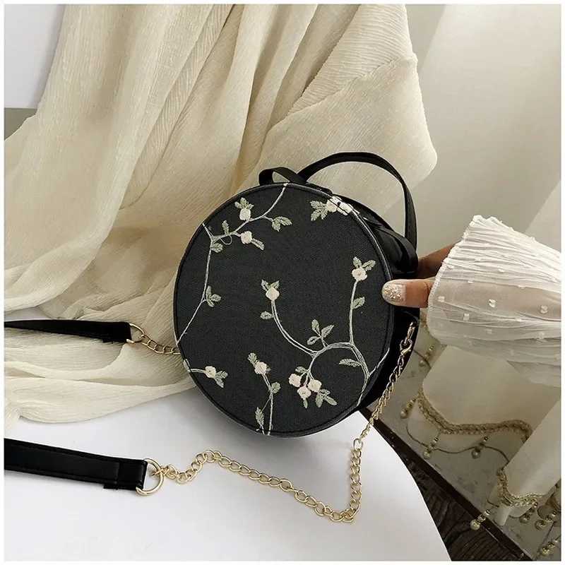 Shoulder Bag Embroidery Zipper Diagonal Bags Mobile Chain Bag Fashion Lace Women\'s Small Round Bag  Literary Chinese Style