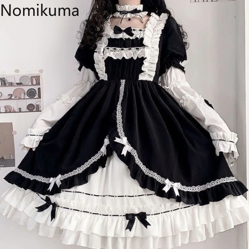 Japanese Woman Dresses Preppy Style Fashion Sweet Robe Femme Bow Lace Ruffles Big Swing Vintage Dress 2024 Vestidos De Mujer