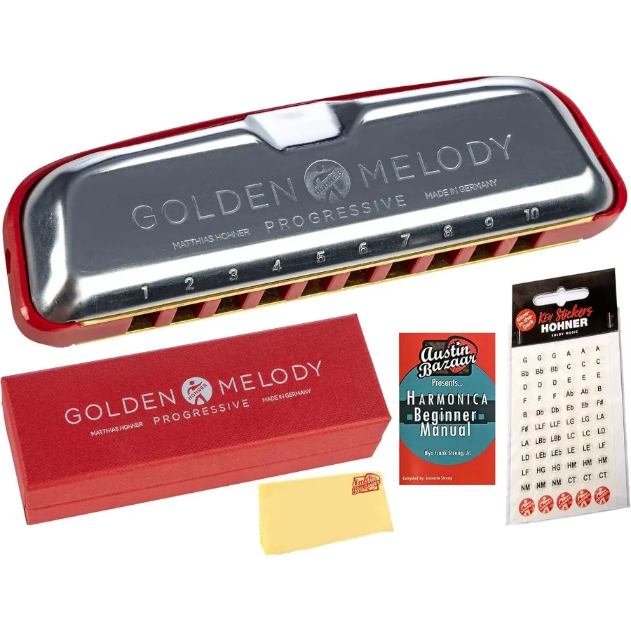 

Hohner 544 Golden Melody Harmonica Bundle with Carrying Case Key Stickers Harmonica Beginner Manual and Austin Bazaar Polishing