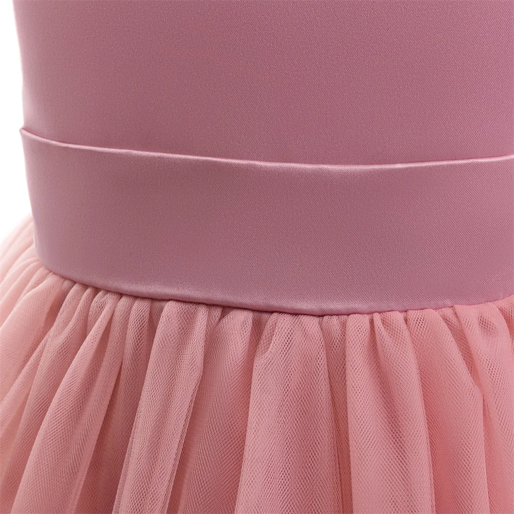 Trailing Party Dresses For Girl Pink Flower Bow Wedding Bridesmaid Girls Dress Elegant Tulle Birthday Princess Evening Prom Gown