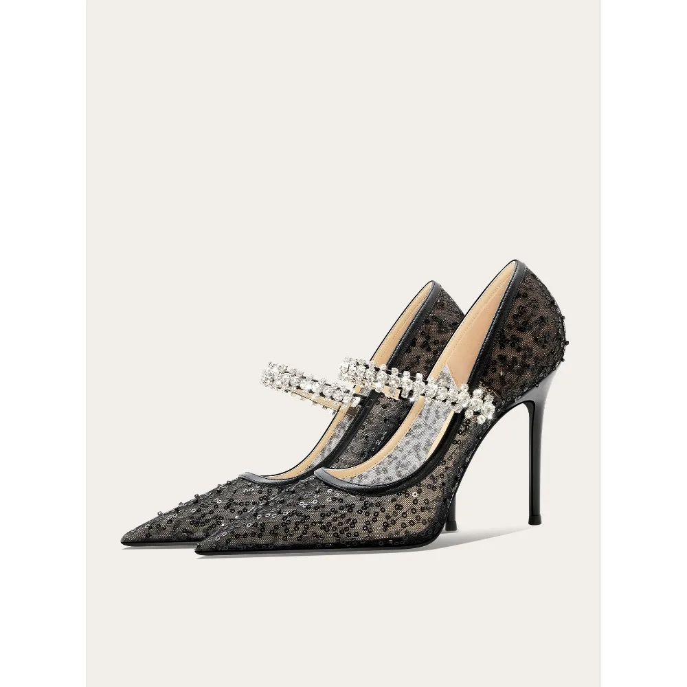

Pointed Toe Mary Jane Pumps Women High Heels Beaded Lace Rhinestone Mesh Dress Shoes