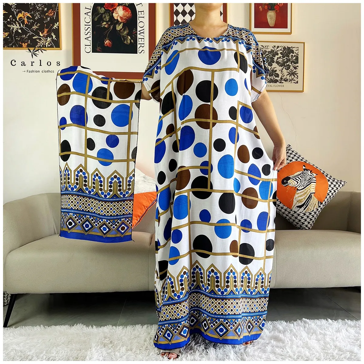 New Style Short Sleeve 2 Pieces African Dashiki Floral Printing Loose Cotton Caftan Lady Summer Maxi Casual Dresses Vestidos