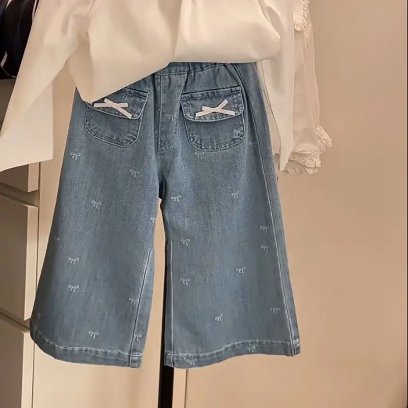 

Girls Pants Spring Autumn 2025 New Children Jeans Fashionable and Sweet Bow Girls Casual Flared Pants