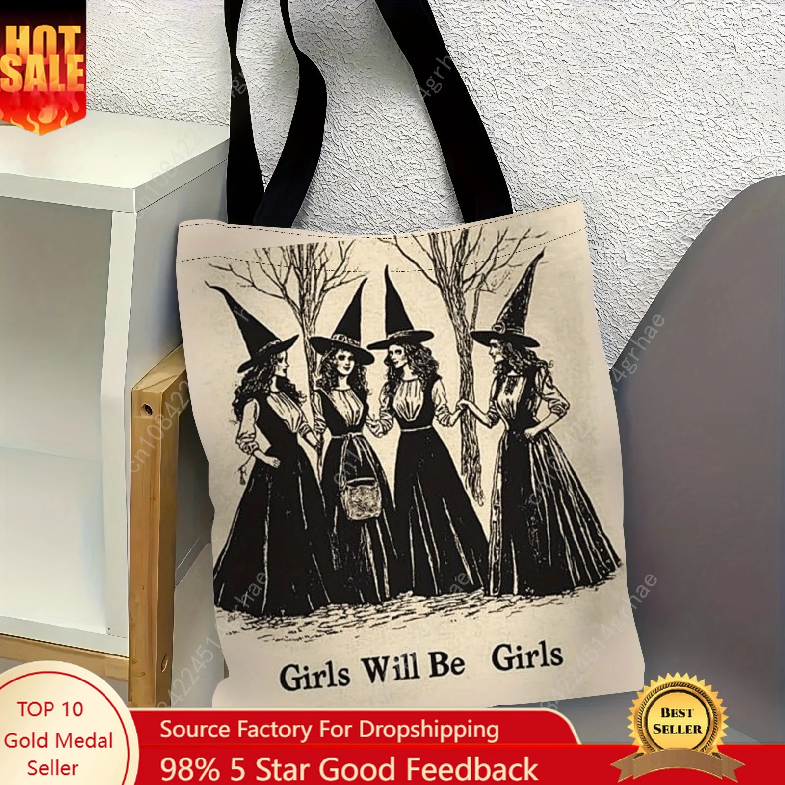 1pc Vintage Witch Tote Bag Gothic Halloween Shopping Bag with Girls Will Be Girls Halloween Parties Shoulder Bag Decorations