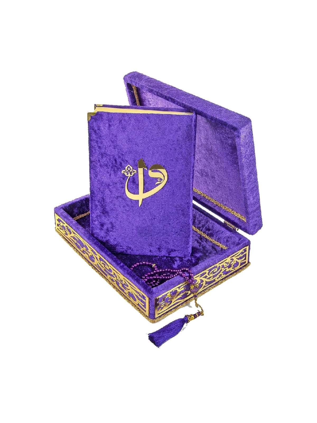 Special Elif Vav Plexi Orname Gift Velvet Covered Quran with Box Purple