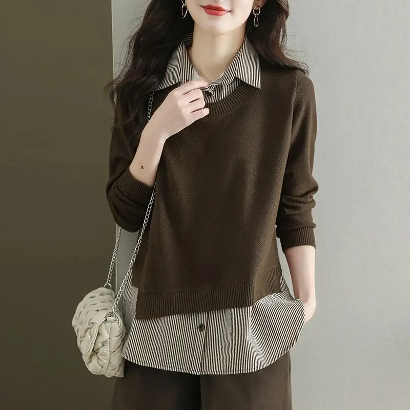 Lady Fashion Fake Two Pieces Sweaters Korean Loose Polo-Neck Patchwork Long Sleeve Knitted Tops Autumn Winter Women's Clothing