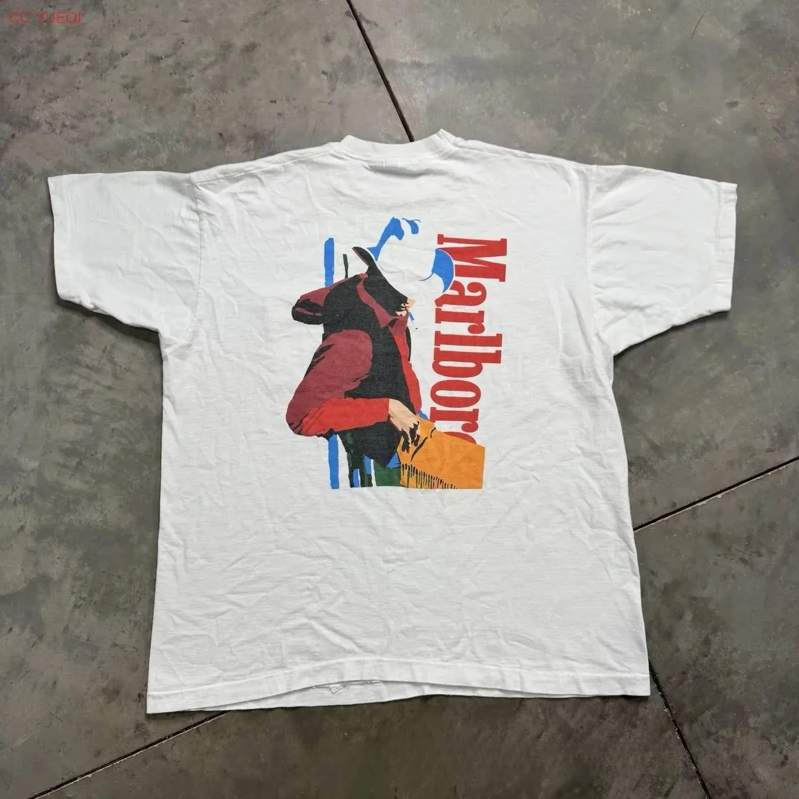 Vintage Cowboy Pocket White Men's Large T Shirt 90s Cigarettes Western Soft Fashion  Oversized Streetwear Designer Clothes