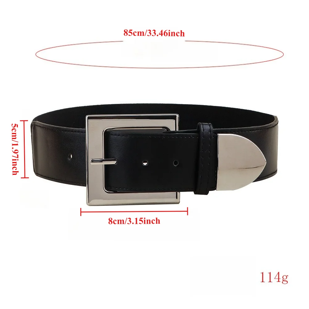 Fashionable Women’s Square Buckle Versatile Elastic Waist Belt  Highly Stretchy Elastic Band Extendable Black Wide Leather Belt