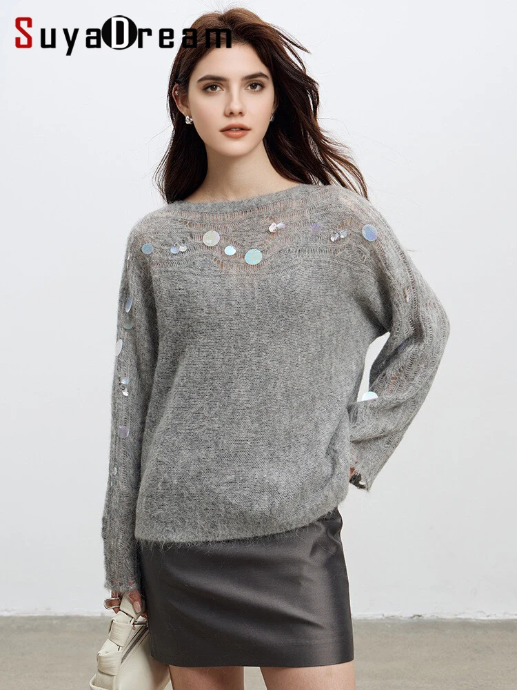 

SuyaDream, Women Alpaca Pullovers, Slash Neck, Loose Chic Sweaters, 2025 Fall Winter Fashionable Top, Grey, Pink, White