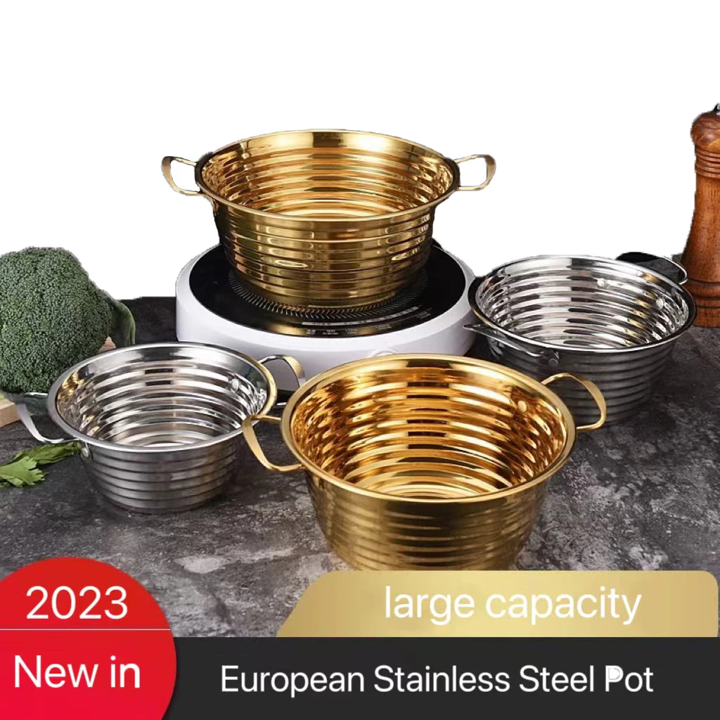 

Korean Style Gold 304 Stainless Steel Soup Pot Spiral Threaded Spicy Hot Pot Kitchen Baking Tools Casserole Stewpot Metal