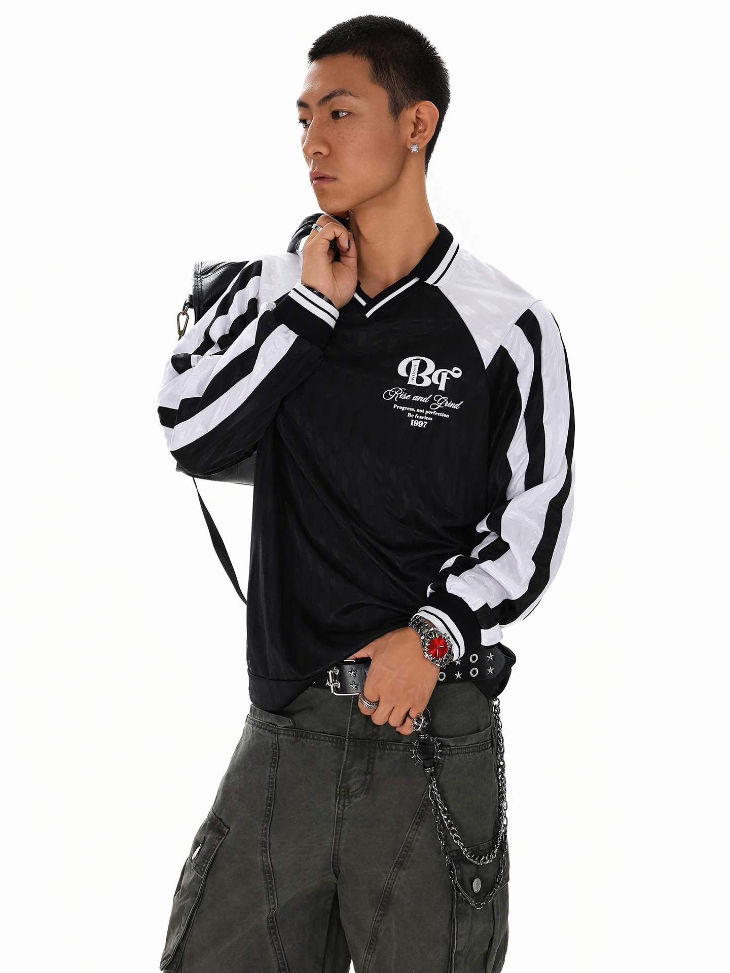 BETEBULE American Style Color Block V-Neck Long Sleeve T-Shirt Men's Casual Spring New Loose Fit Printed Top