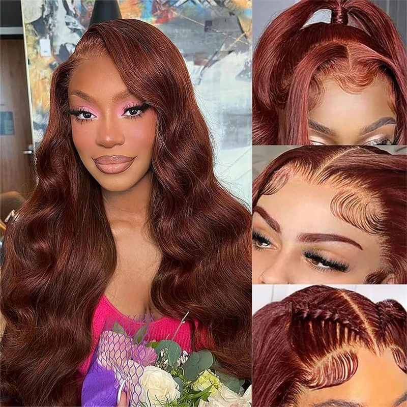 New in Loose Deep Wave Reddish Brown Lace Front Wigs Pre Plucked Glueless Synthetic Lace Frontal Wigs for Women High Heat Fibre