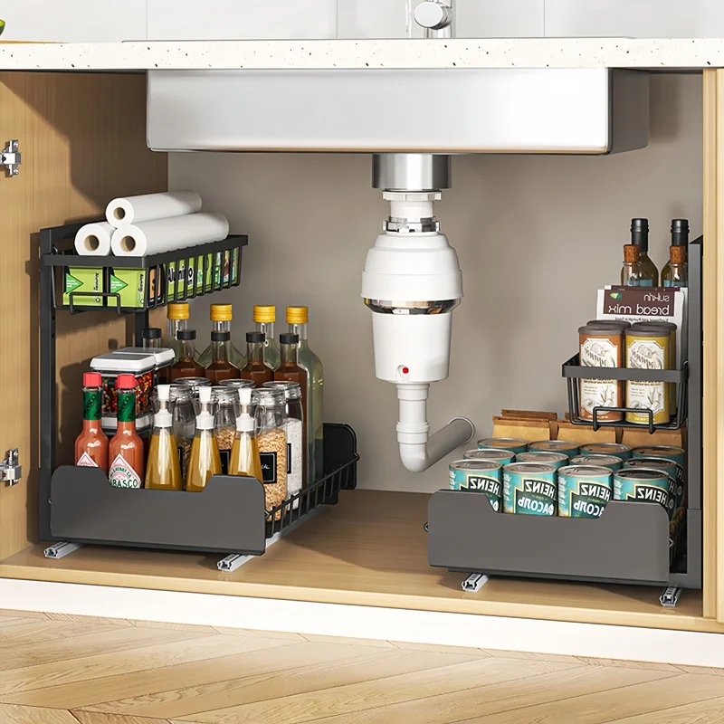 2 Tier Sliding Drawer Kitchen Spice Jar Storage Rack Adjustable Pull-out Sink Organizer Spice Jar Storage Rack Cabinet Rack