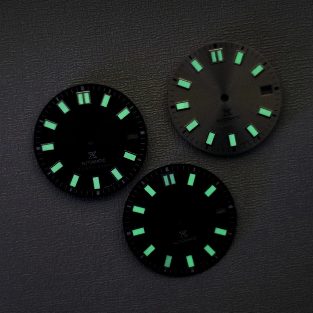 Zwart/Blauw/Grijs Wijzerplaat 28.5mm Groen Lichtgevende Duikhorloge Gezicht voor NH35/NH36/4R/6R Mechanische Beweging