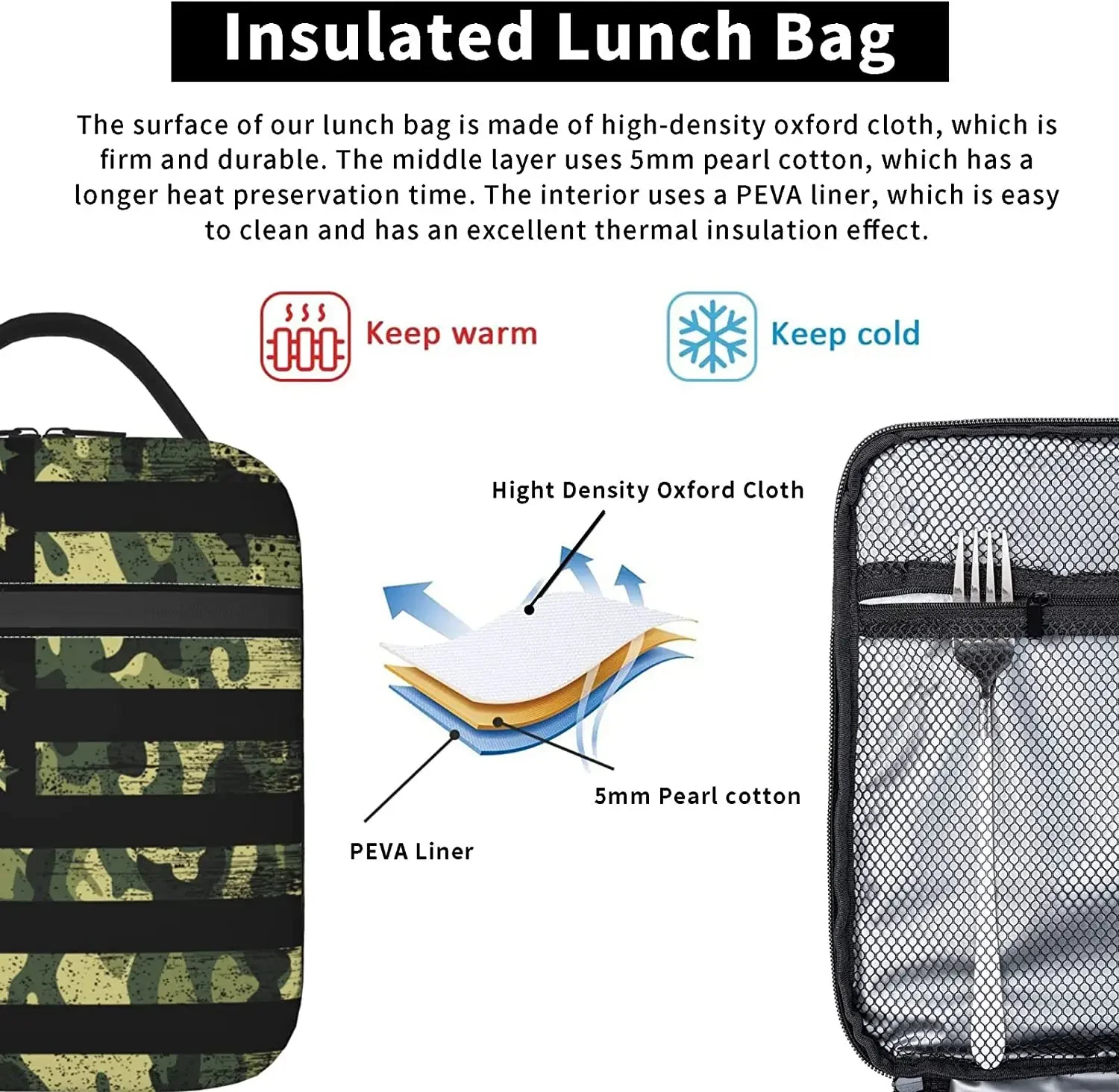 Camouflage American Flag Lunch Box Camo Insulated Lunch Bags for Women Men Girls Boys Detachable Handle Lunch Box Meal Tote Bag