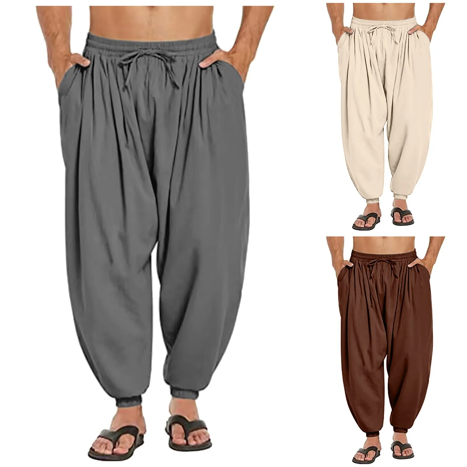 Mens Linen Yoga Pants Elastic Waist Drawstring Beach Loose Fit Casual Tapered Trousers Mens Ling Swim Trunks