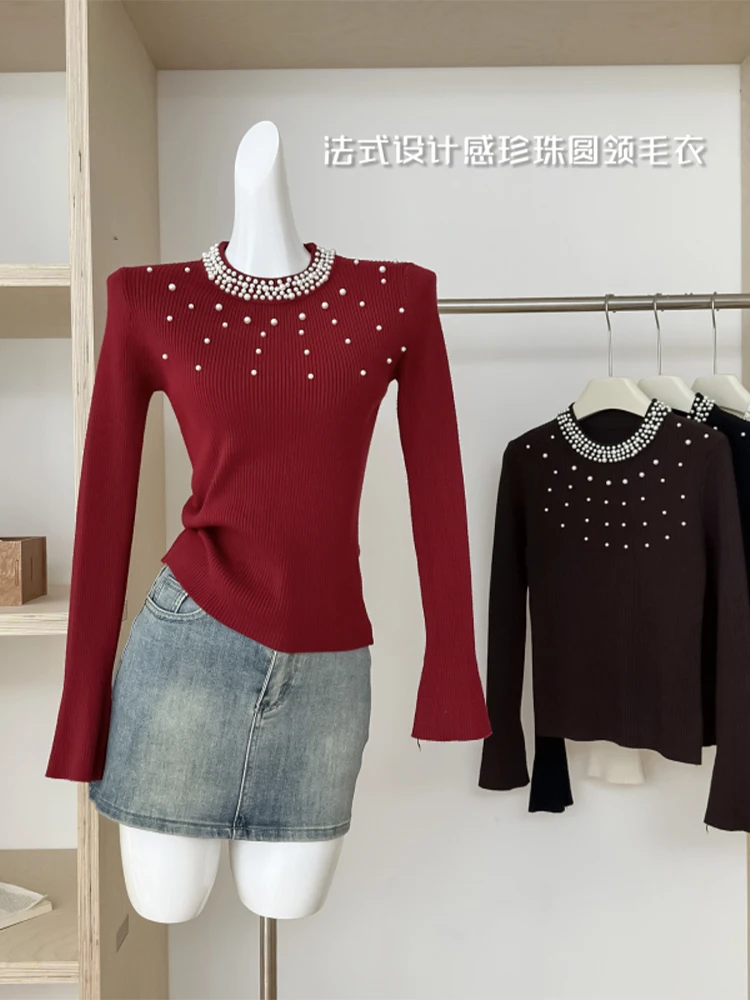 Women Wine Red Pullover Cashmere Sweater Harajuku Y2k Long Sleeve O-Neck Knitted Sweaters 90s Vintage 2000s Clothes Autumn 2024