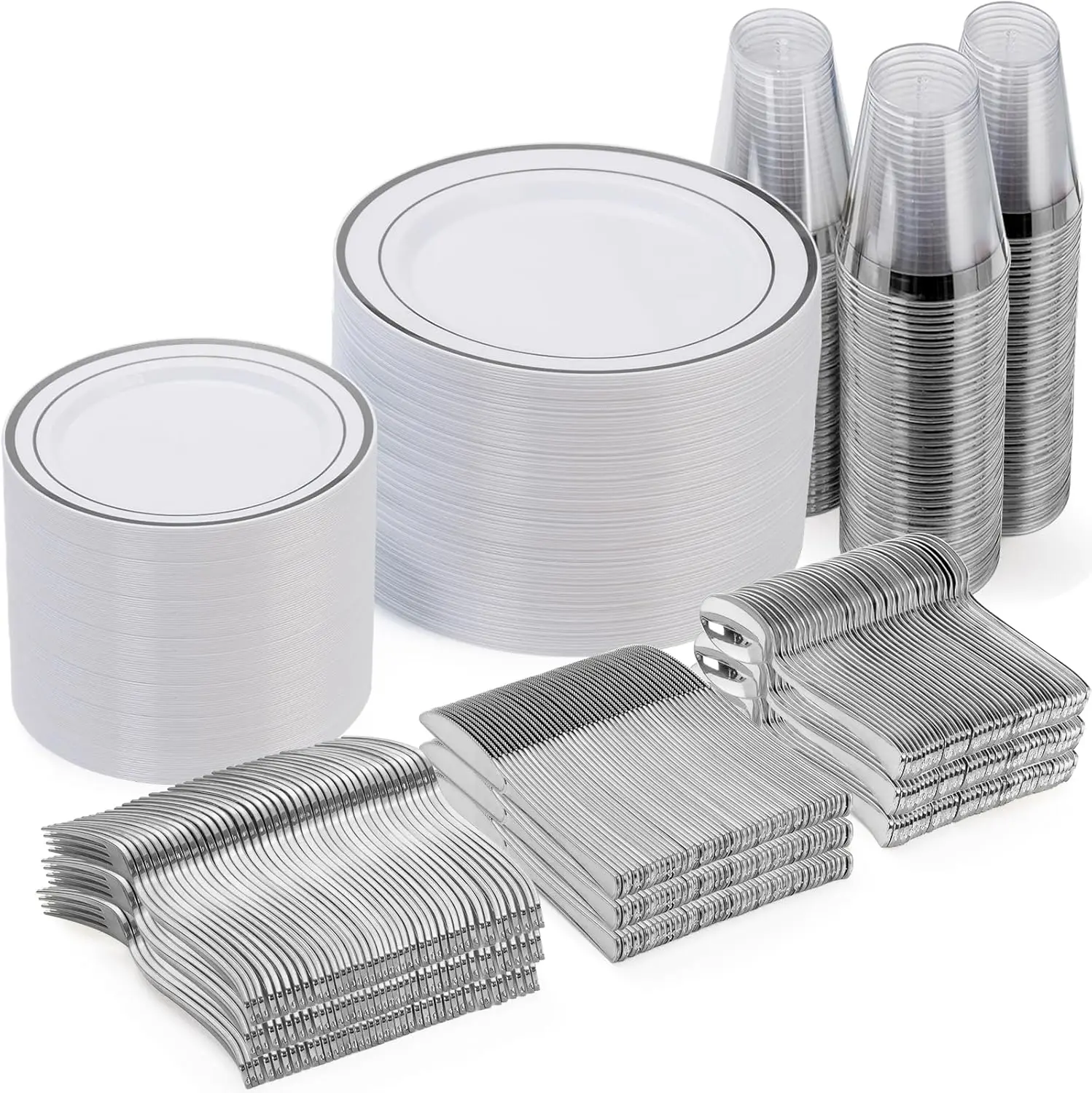 

600 Piece Disposable Silver Plates for Guests, Plastic Dinnerware Set of Dinner Plates, Salad Plates