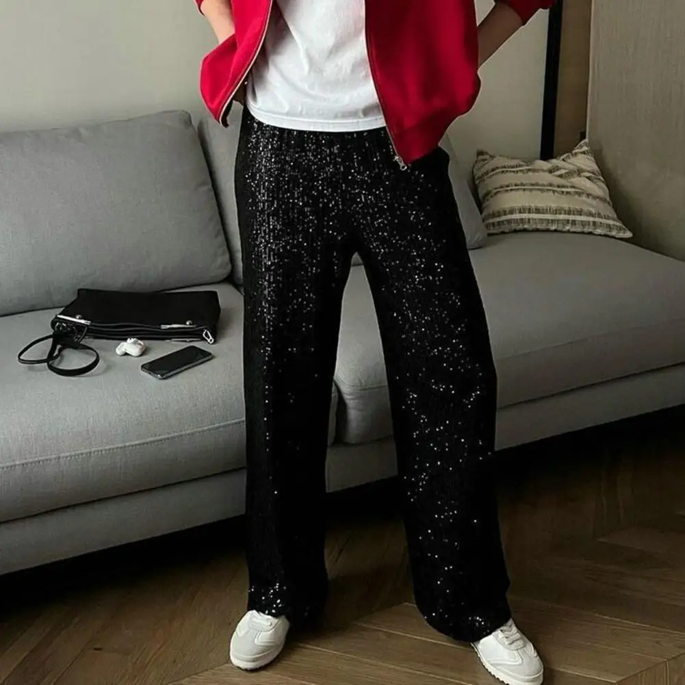 Soft Comfortable Pants Lightweight Pants Women’s Mid-rise Wide Leg Pants Sparkling Sequin Trousers Night Club Party Stage