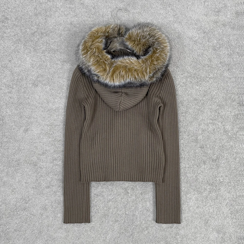 

100% Cotton Women's Jacket with Oversized Fur Collar Elegant Commuter Double-Zip Hooded Knit Jacket Top 2025 Winter New Y2k