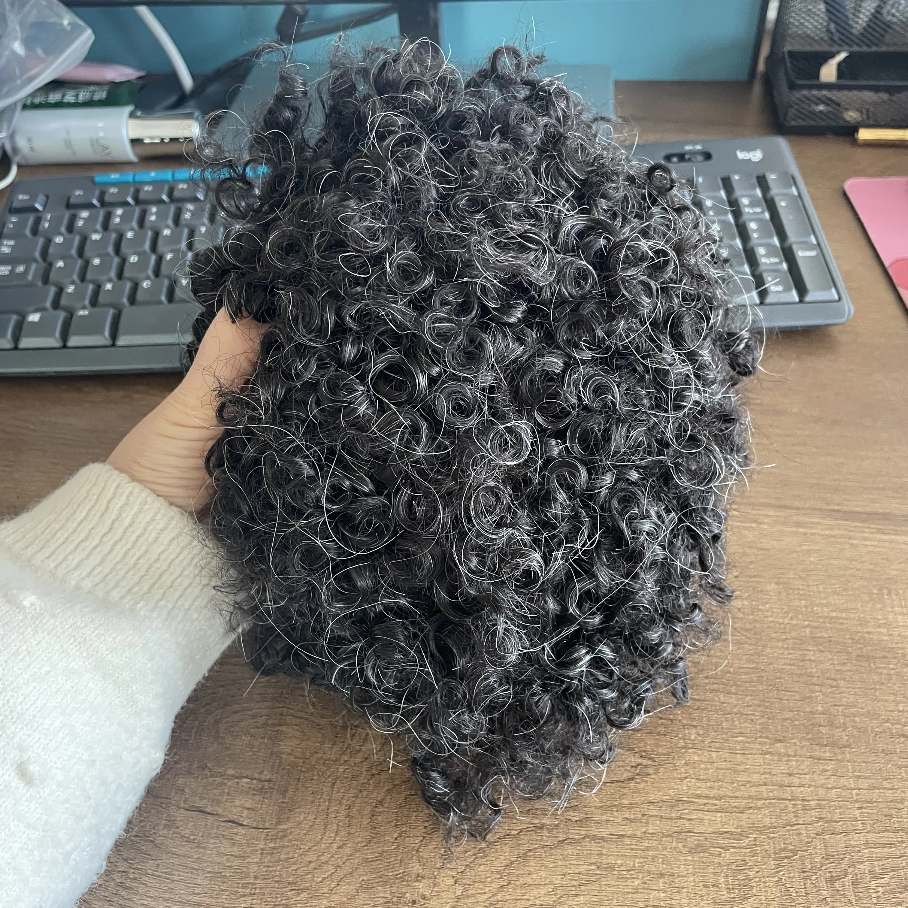 حقن غير قابل للاكتشاف 0.1 مللي متر قاعدة PU الأفرو 15 مللي متر مجعد 1B10 شعر رمادي اصطناعي رخيصة شعر بشري مجعد الرجال الشعر المستعار شعري طبيعي #6