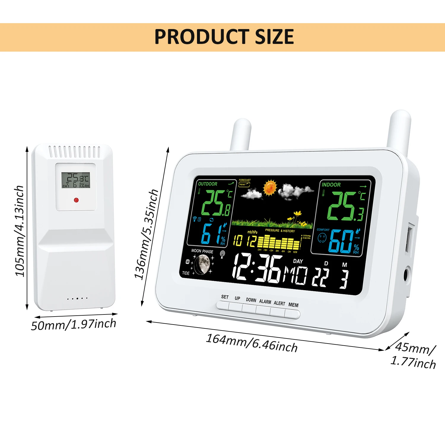 Color Screen Smart Weather Station, USB Output Indoor and Outdoor Thermometers  with Radio Time Automatic Calibration Function