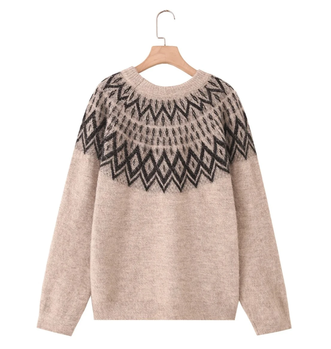 女性用新作カジュアルファッション、ゆったりとしたラウンドネック、パッチワークカラーブロック、ジャカードニットセーター