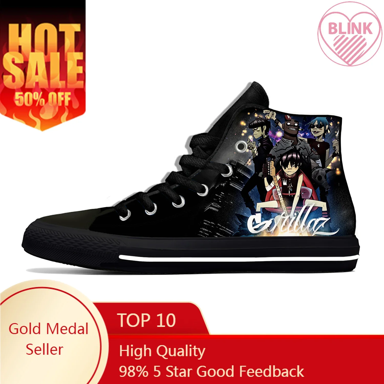 Gorillaz Rock Band Chakakhan Noodle Murdoc Russel Casual Doek Schoenen Hoge Top Lichtgewicht Ademende 3d Print Heren Sneakers