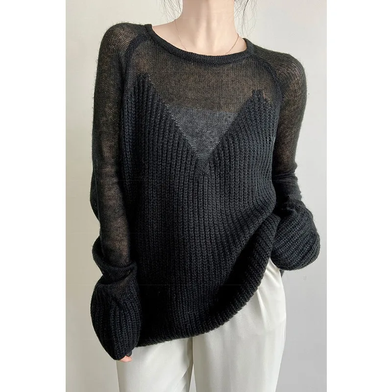 Micro-transparent Splicing Knitted Women's Spring and Autumn Bat Lazy Sweet Temperament Top Sweater New Loose Temperament