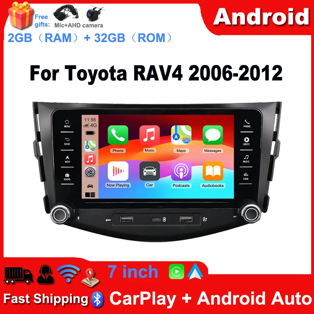 Autoradio da 7 pollici con navigatore GPS, unità principale Android 14, lettore per auto 2+32G con Carplay, Android Auto, SWC, RDS, FM, WiFi, Bluetooth e telecamera AHD, microfono per Toyota RAV4