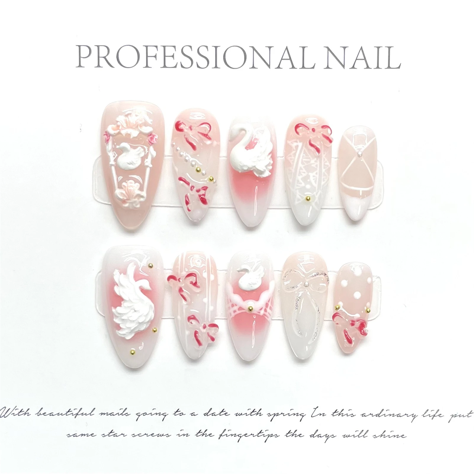 Handmade Press on Nails Light Pink Almond False Nails with 3D White Swan Decor Sweet French Fake Nail Tips for Girls Wearable