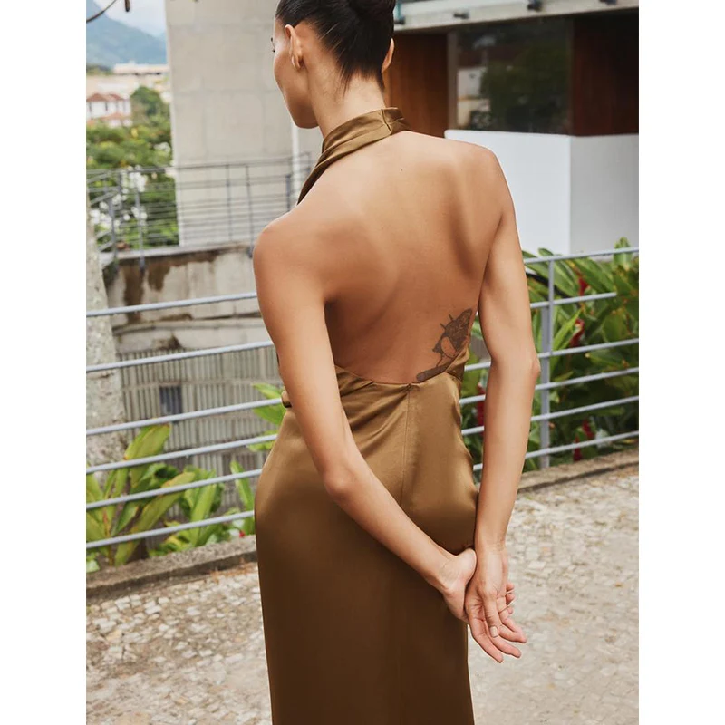 Ele High Waist Silk Satin Bal Midi Dr Summer New Women's Faion Hanging Collar Gown Svel Long Skirt