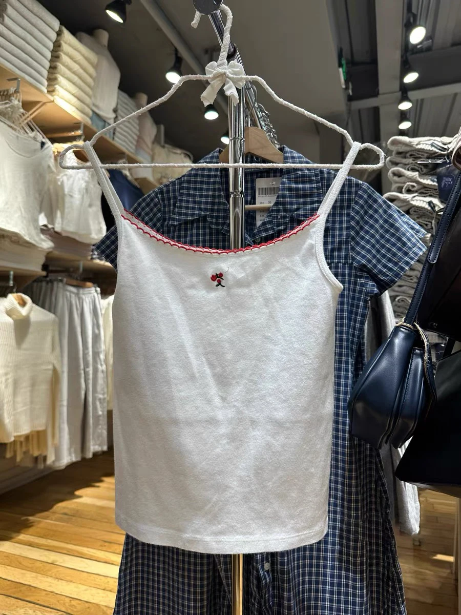 Red Floral Embroidery Slim Crop Top Summer Lace Trim White Sleeveless Camisole Sweet Girls Cotton Tank Tops Women Y2k Clothes