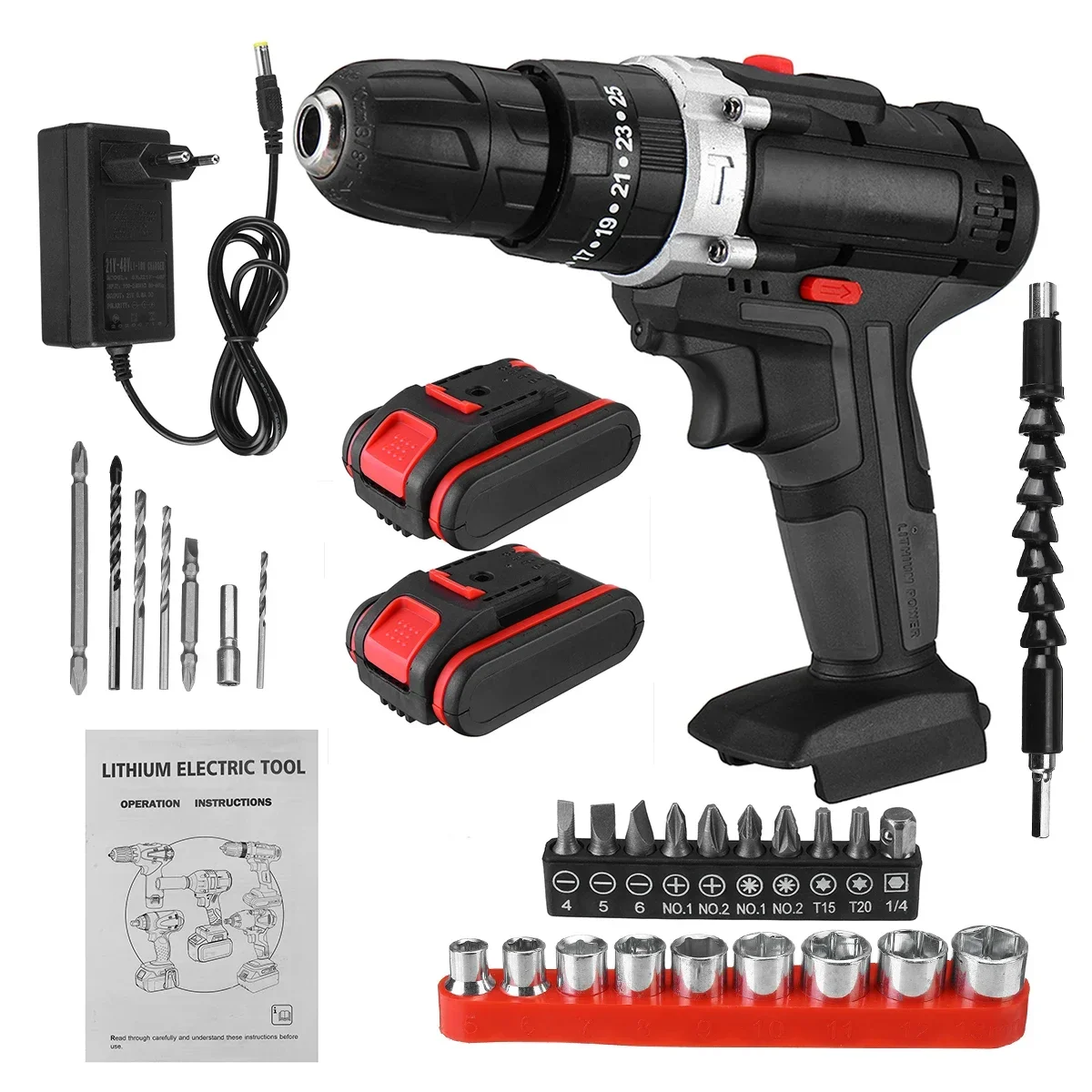 48V 3 in 1 Cordless Electric Drill Screwdriver with 2 x 6000MAH Battery 2 Speed 25+3 Turque Wireless Power Driver Tools Set