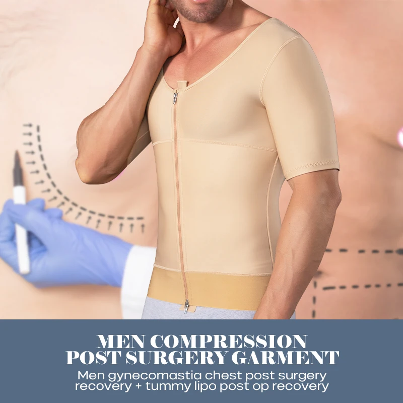 Men's Slimming Body Shaper Vest with Tummy Control Short Sleeve Post-Op Surgery Gynecomastia Lipo Faja Shapewear Top