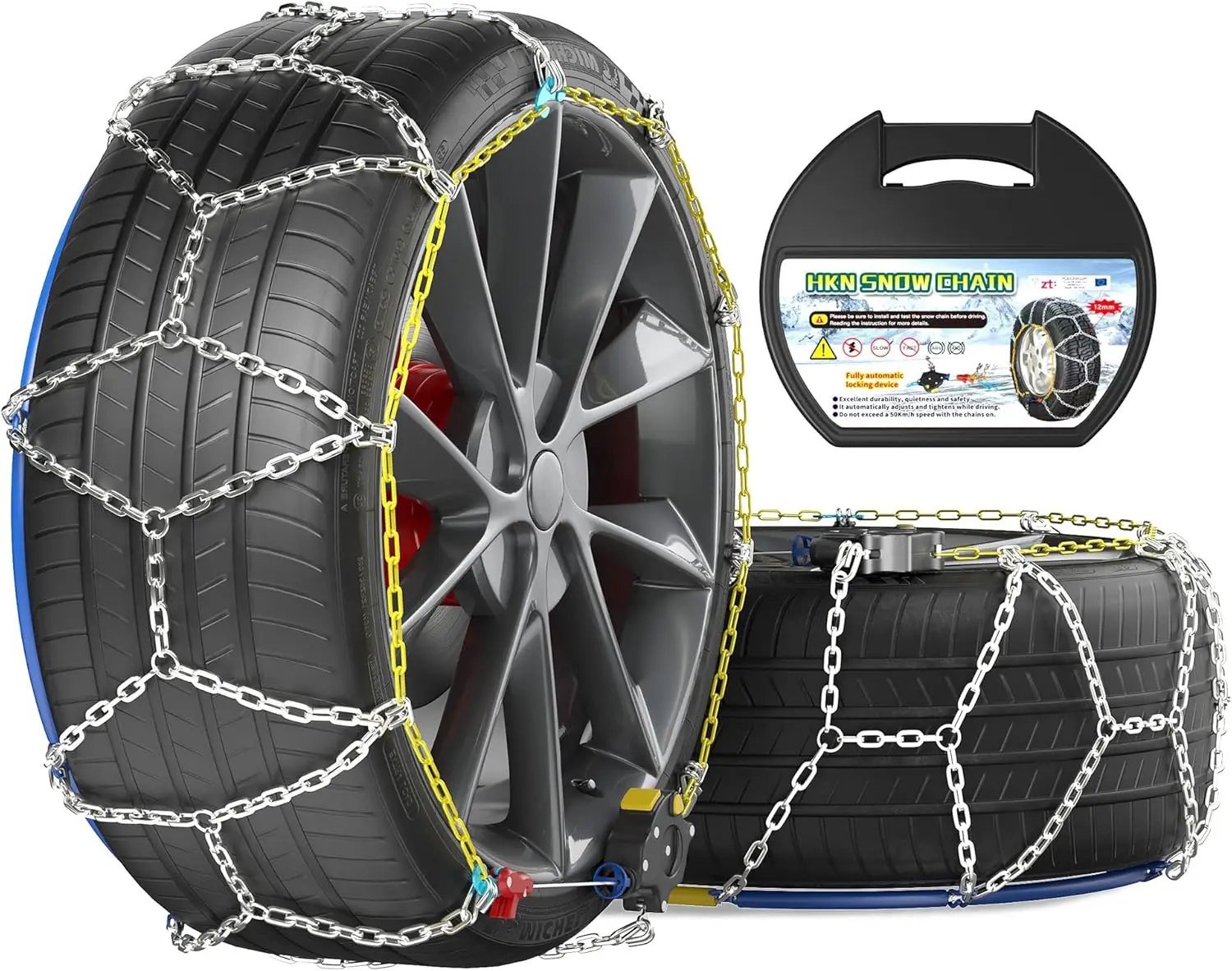

Snow Chains for Car Tires, Quick Fit Auto-Tightening, Universal Anti-Slip Traction Chains for SUVs & Trucks, Reusable Set of 2 (